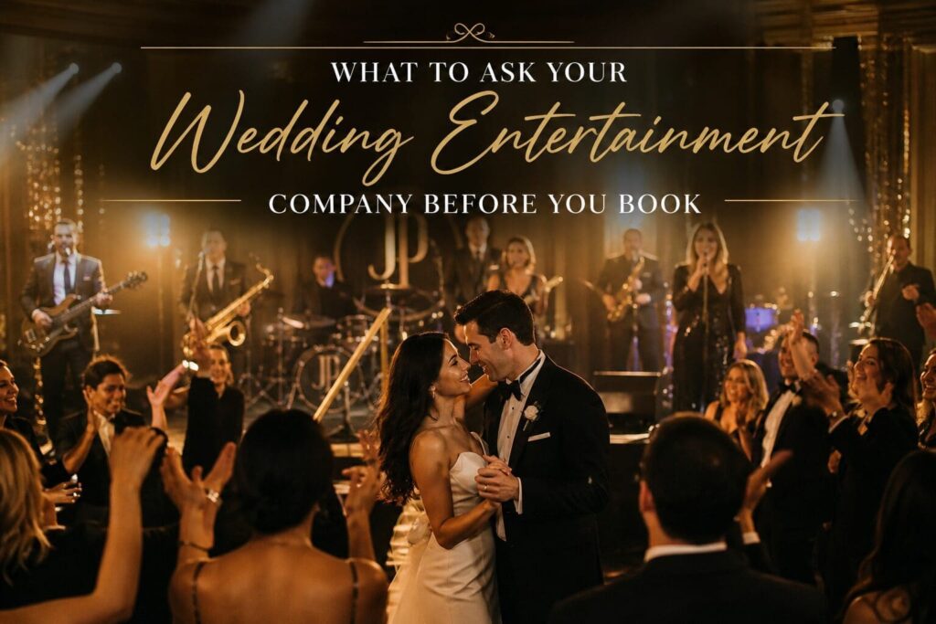 A couple consulting a wedding entertainment company before booking their band